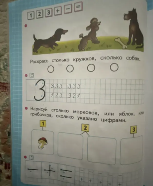Помоги мне выполнить задания на картинке: раскрасить кружки, прописать цифры и нарисовать нужное количество предметов