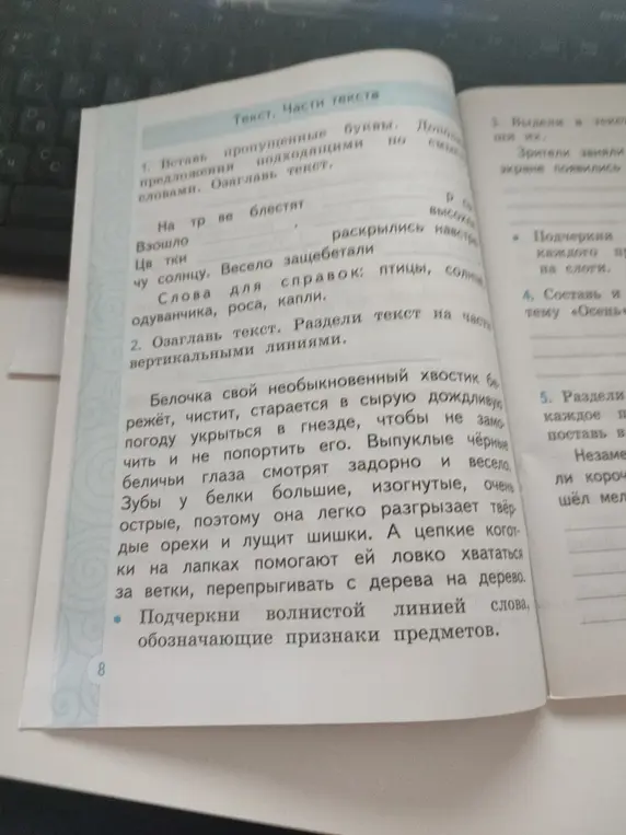 Ты просишь вставить пропущенные буквы, дополнить предложения подходящими по смыслу словами, озаглавить текст, разделить текст на части вертикальными линиями, выделить местоимения и подчеркнуть слова, обозначающие признаки предметов, и подчеркнуть каждое слово на слоги.