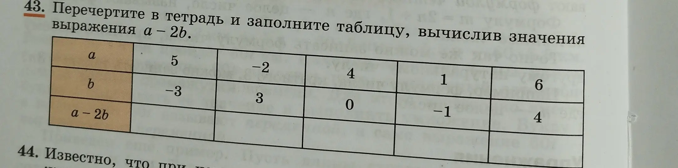 Помоги мне заполнить таблицу, вычислив значения выражения a - 2b