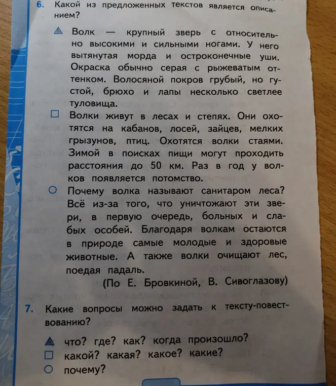 Какой из предложенных текстов является описанием? Какие вопросы можно задать к тексту-повествованию?