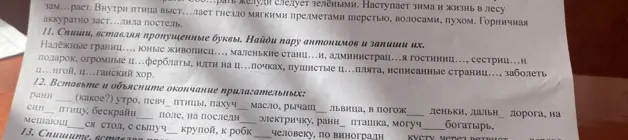 Выполни задание: спиши, вставляя пропущенные буквы, и найди пару антонимов в упражнении 11