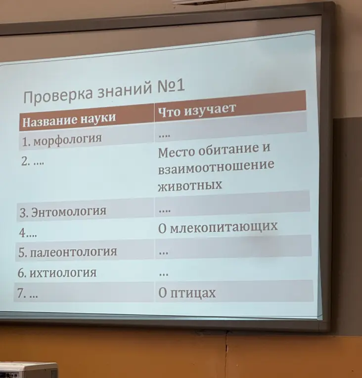 Помоги мне заполнить таблицу, где нужно указать, что изучает каждая наука: морфология, экология, энтомология, маммалогия, палеонтология, ихтиология, орнитология.