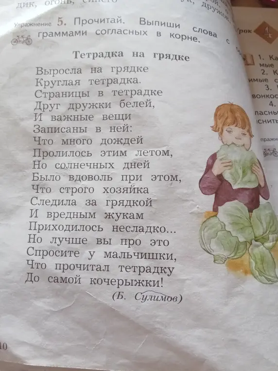 Выпиши слова с парными согласными в корне из стихотворения "Тетрадка на грядке"