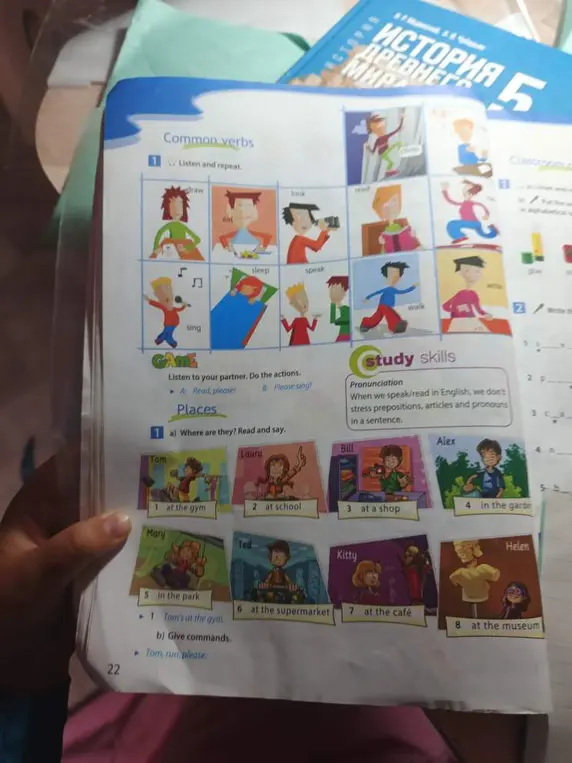 На картинке нужно прочитать и сказать, где находятся Tom, Laura, Bill, Alex, Mary, Ted, Kitty, Helen.