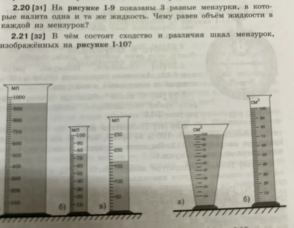 Определи объём жидкости в каждой из мензурок и в чём состоят сходство и различия шкал мензурок, изображённых на рисунке І-10?
