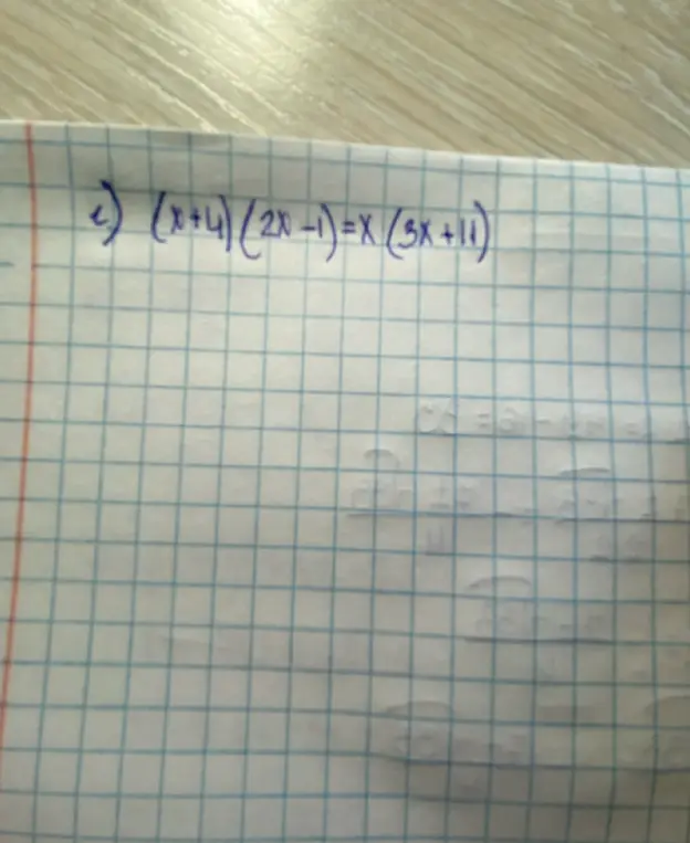 Помоги мне решить уравнение (x+4)(2x-1)=x(3x+11)