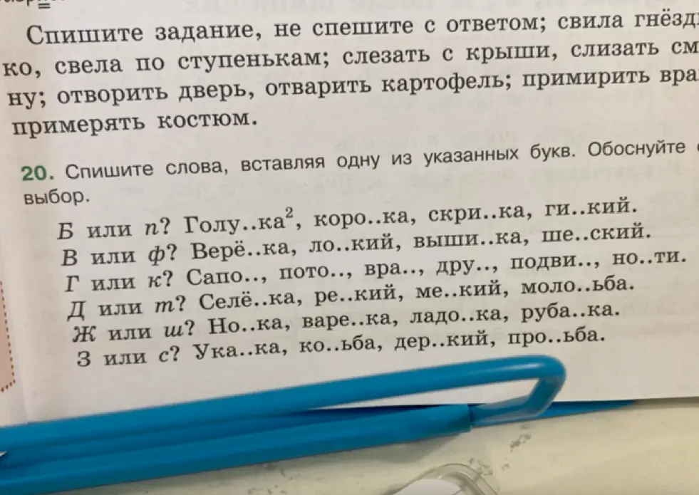 Помоги вставить пропущенные буквы в словах (задание 20)
