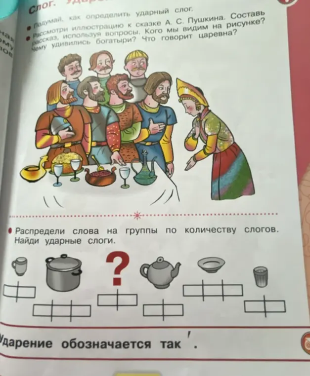 Распредели слова на группы по количеству слогов и найди ударные слоги.
