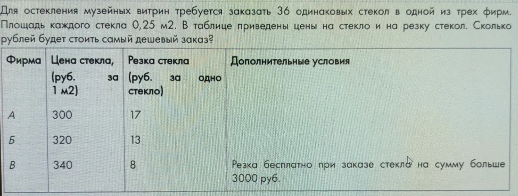 Вычисли, сколько рублей будет стоить самый дешевый заказ на остекление музейных витрин, для которого требуется 36 стекол площадью 0,25 м2