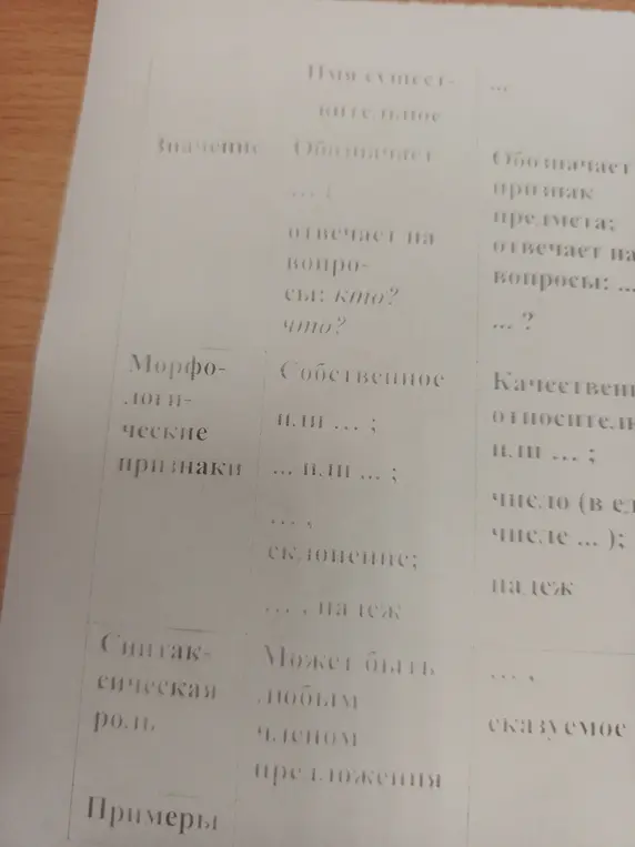 Заполни таблицу: что обозначает имя существительное?