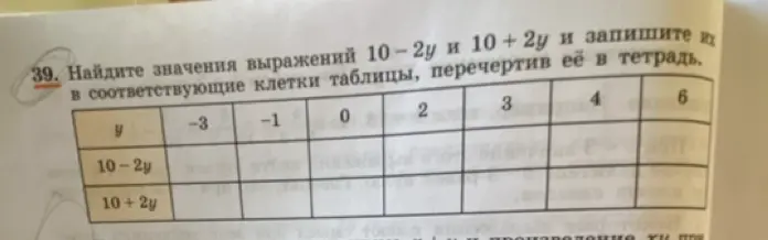 Помоги мне найти значения выражений 10-2y и 10+2y и запиши их в соответствующие клетки таблицы, перечертив её в тетрадь