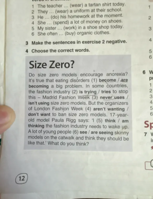 Выбери правильные слова в тексте про Size Zero: предложения 1-6
