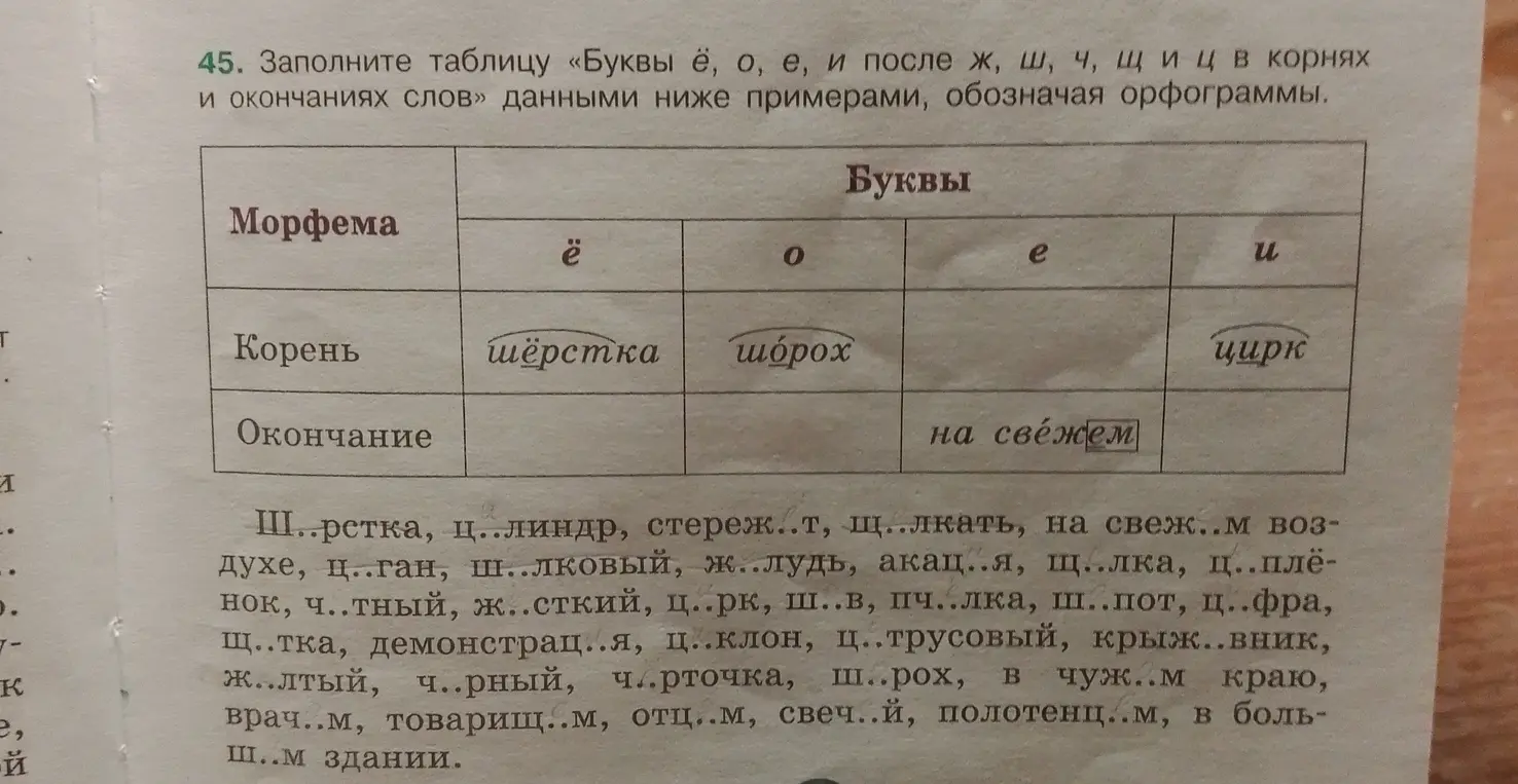 Предложи заполнить таблицу «Буквы ё, о, е, и после ж, ш, ч, щ и ц в корнях и окончаниях слов» данными примерами.
