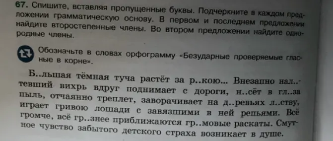Выполни упражнение: спиши текст, вставляя пропущенные буквы, подчеркни в каждом предложении грамматическую основу, в первом и последнем предложении найди второстепенные члены, во втором предложении найди однородные члены