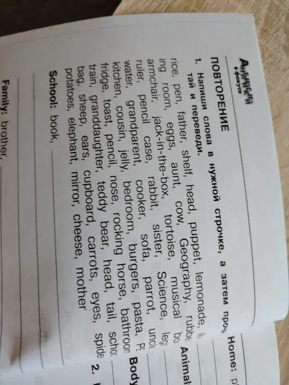 Помоги написать слова в нужной строчке и перевести