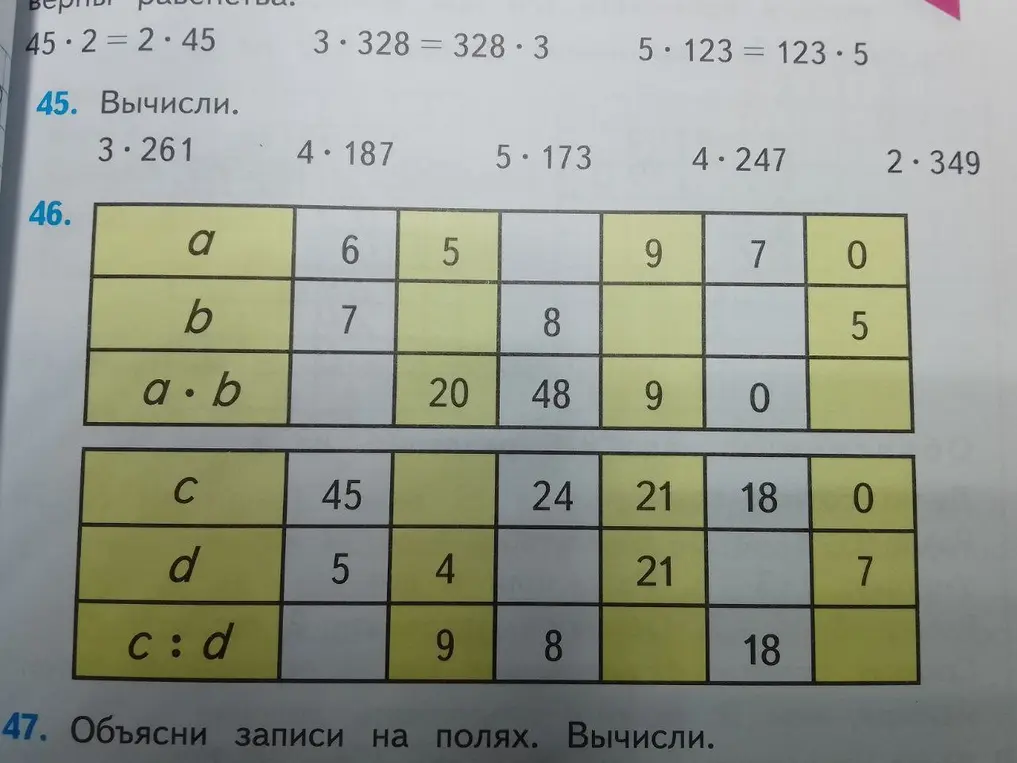 Помоги решить задачу 46: заполни пустые клеточки в таблицах, используя умножение и деление