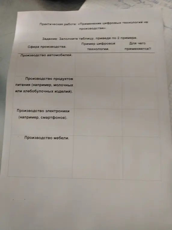 Ты просишь меня заполнить таблицу, приведя по 2 примера цифровых технологий в разных сферах производства.