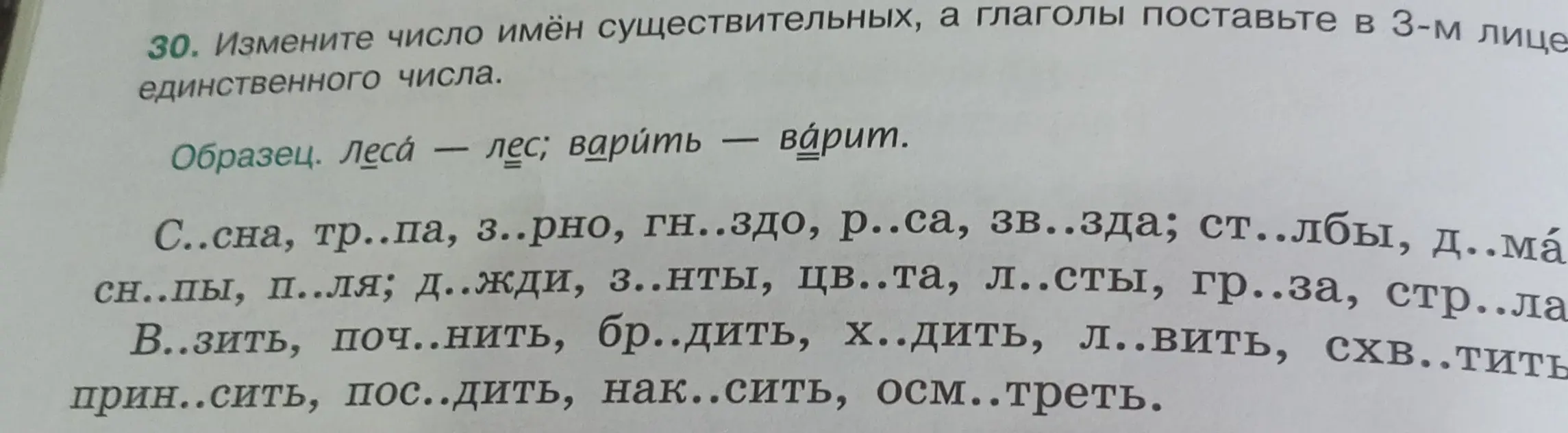 Помоги мне изменить число имён существительных, а глаголы поставь в 3-м лице единственного числа в упражнении.