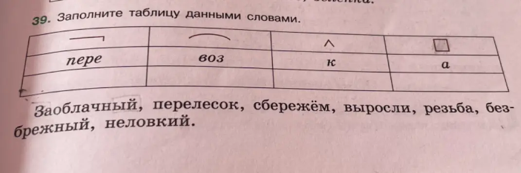 Помоги заполнить таблицу данными словами