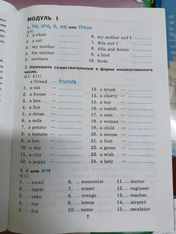 Выполни упражнения: в первом задании вставь нужное местоимение, во втором поставь существительные во множественном числе, в третьем выбери нужный артикль