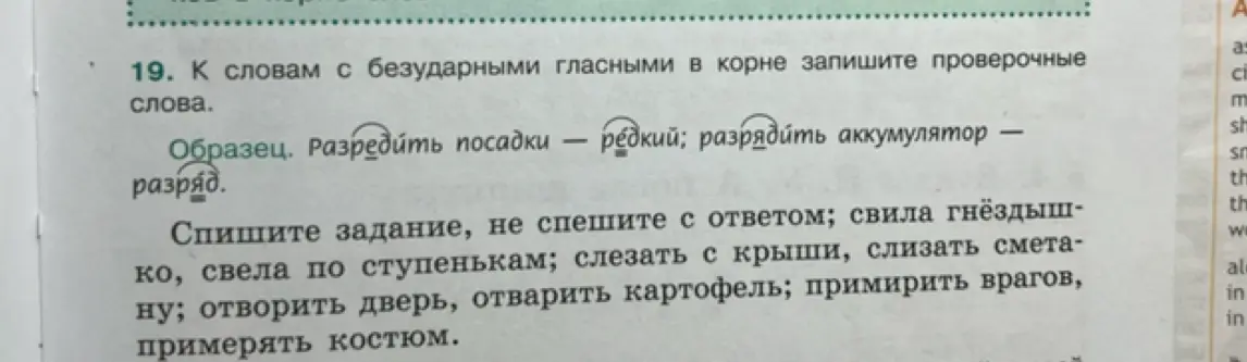 Ты просишь подобрать проверочные слова к словам с безударными гласными в корне в упражнении 19