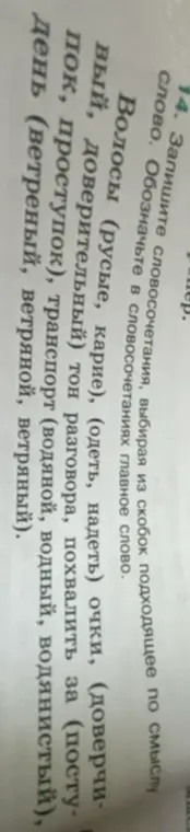Составь словосочетания, выбирая из скобок подходящее по смыслу слово. Обозначь главное слово в словосочетаниях: волосы (русые, карие)