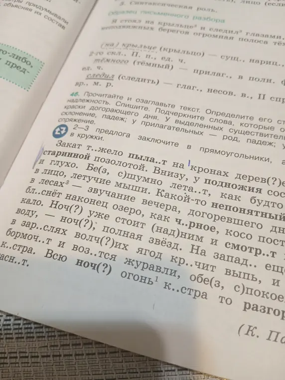 Объясни, как выполнить упражнение 46: прочитать и озаглавить текст, определить стиль, списать, подчеркнуть слова, определить род, склонение, падеж, спряжение и заключить предлоги в кружки