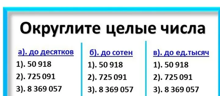 Округли целые числа до десятков (50 918), до сотен (50 918), до единиц тысяч (50 918)