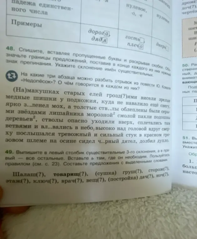 Спиши текст, вставляя пропущенные буквы и раскрывая скобки. Обозначь границы предложений, поставь в конце каждого из них нужный знак препинания. Укажи склонение имён существительных; Выпиши в левый столбик существительные 3-го склонения, а в правый – все остальные.