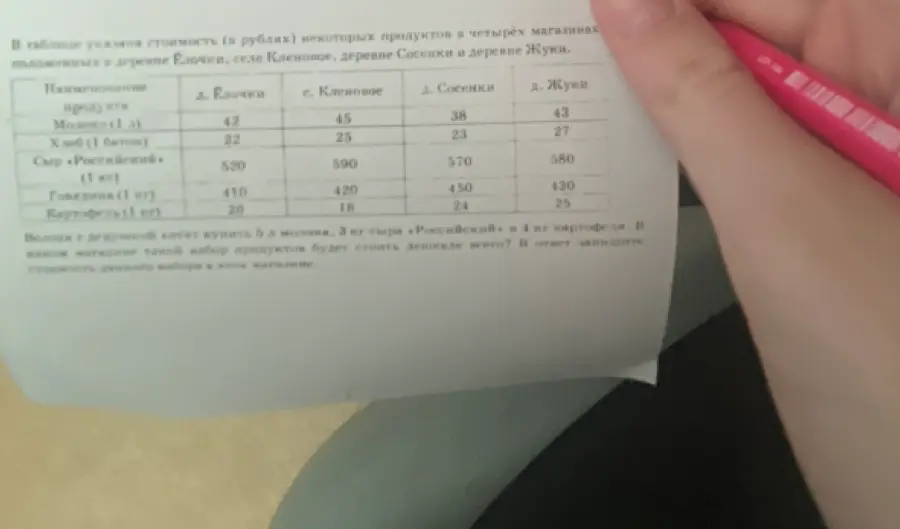 Володя с дедушкой хотят купить 5 л молока, 3 кг сыра и 4 кг картофеля. В каком магазине такой набор продуктов будет стоить дешевле всего?
