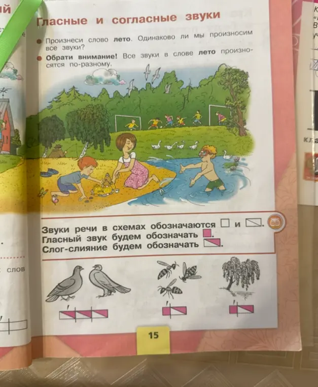 Выполни звуковую схему к словам: голуби, осы, ива
