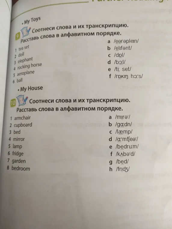 Соотнеси слова и их транскрипцию, расставь слова в алфавитном порядке в упражнении 9