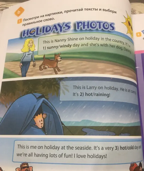 Выбери правильное слово: sunny или windy в предложении 'This is Nanny Shine on holiday in the country. It's a 1) sunny/windy day and she's with her dog, Danny'