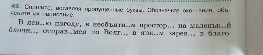 Спиши текст, вставляя пропущенные буквы. Обозначь окончания и объясни их написание