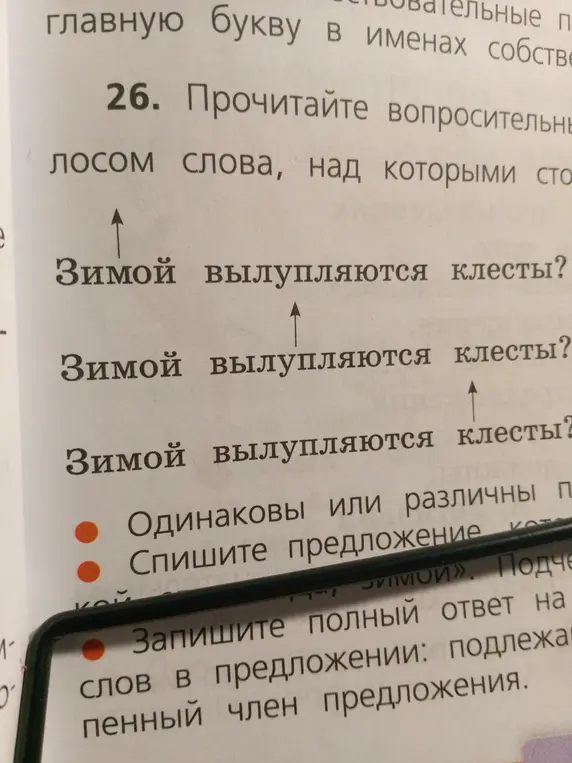 Прочитай вопросительные слова, над которыми стоят стрелочки в предложении "Зимой вылупляются клесты?"