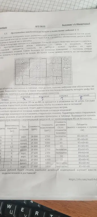 Выполни для плана квартиры: укажи какими цифрами обозначены коридор, кладовая, санузел и гостиная; определи сколько нужно упаковок паркетной доски, чтобы выложить пол в гостиной.