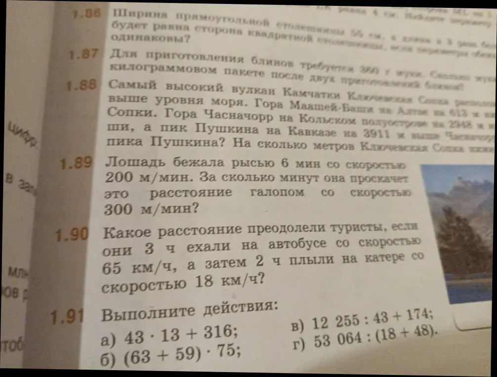 Реши задачу 1.89 про лошадь, задачу 1.90 про туристов и выполни действия в задаче 1.91: a) 43 * 13 + 316.