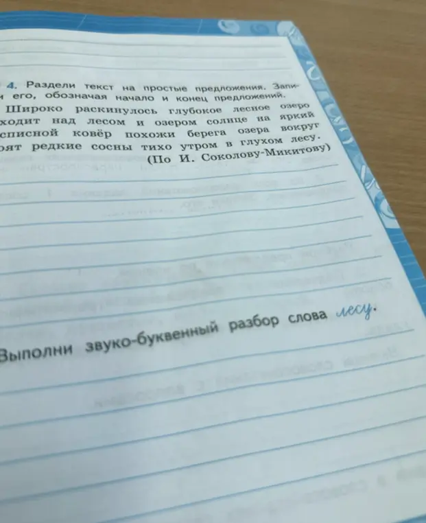Ты просишь разделить текст на предложения и выполнить звуко-буквенный разбор слова "лесу".