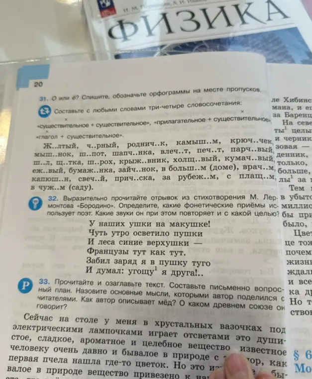 Ты просишь вставить пропущенные буквы, обозначить орфограммы, составить словосочетания, прочитать отрывок из стихотворения «Бородино», определить фонетические приёмы и озаглавить текст про мёд.