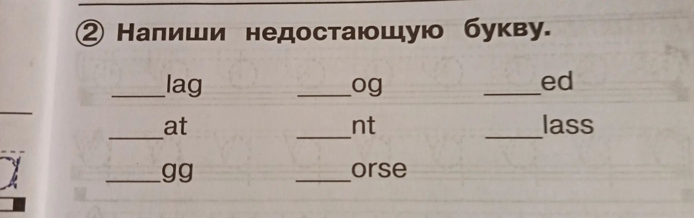 Напиши недостающую букву в словах lag, og, ed, at, nt, lass, gg, orse.