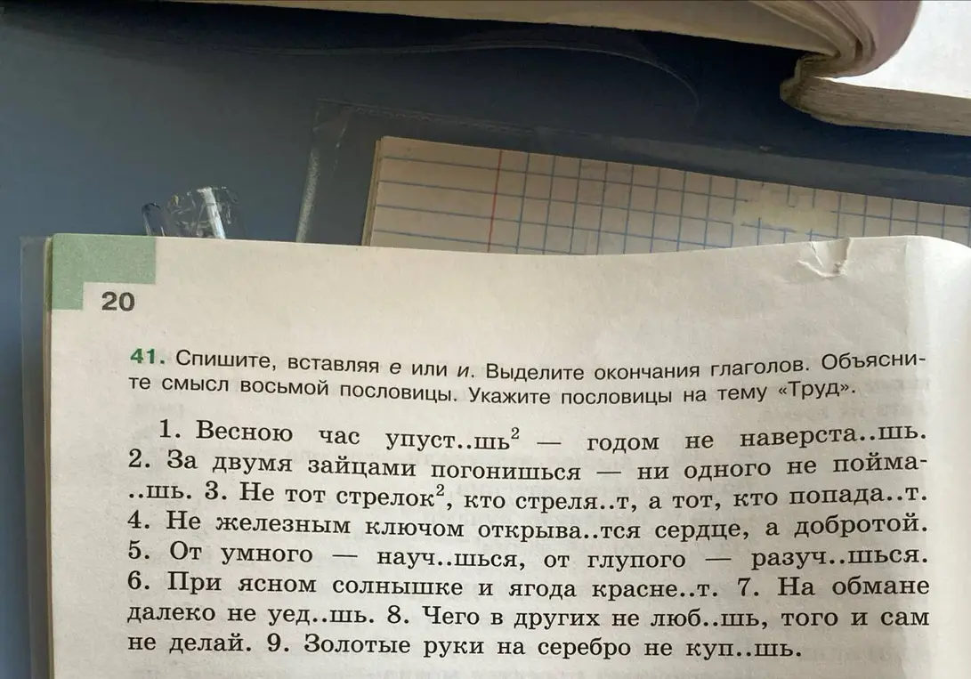 В первом задании необходимо списать пословицы, вставляя е или и, выделить окончания глаголов, объяснить смысл восьмой пословицы и указать пословицы на тему «Труд»