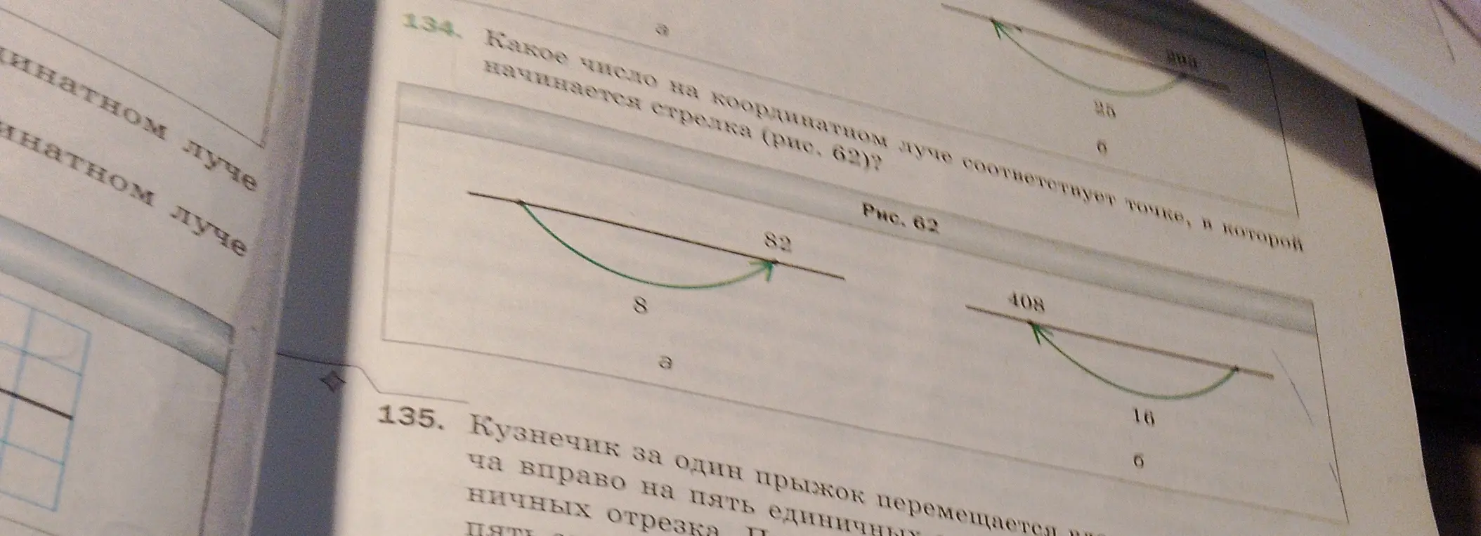 Определи, какое число на координатном луче соответствует точке, в которой начинается стрелка (рис. 62) под буквой а)