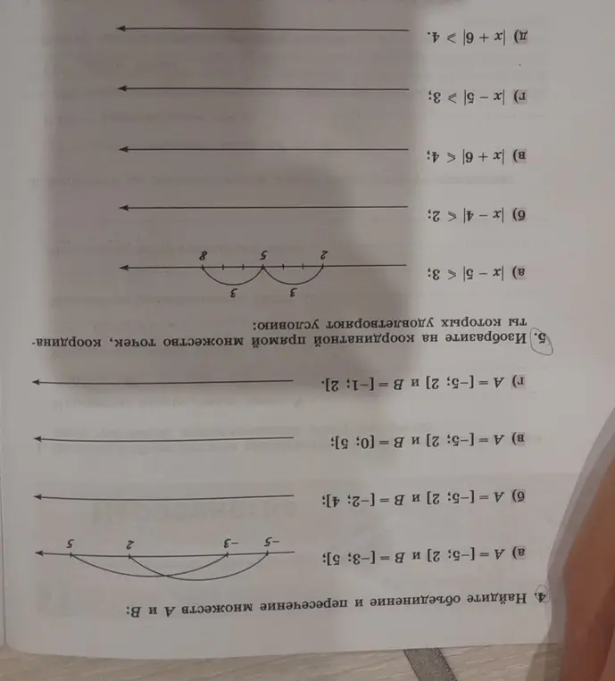 Помоги найти объединение и пересечение множеств A и B: A = [-5; 2] и B = [-3; 5]