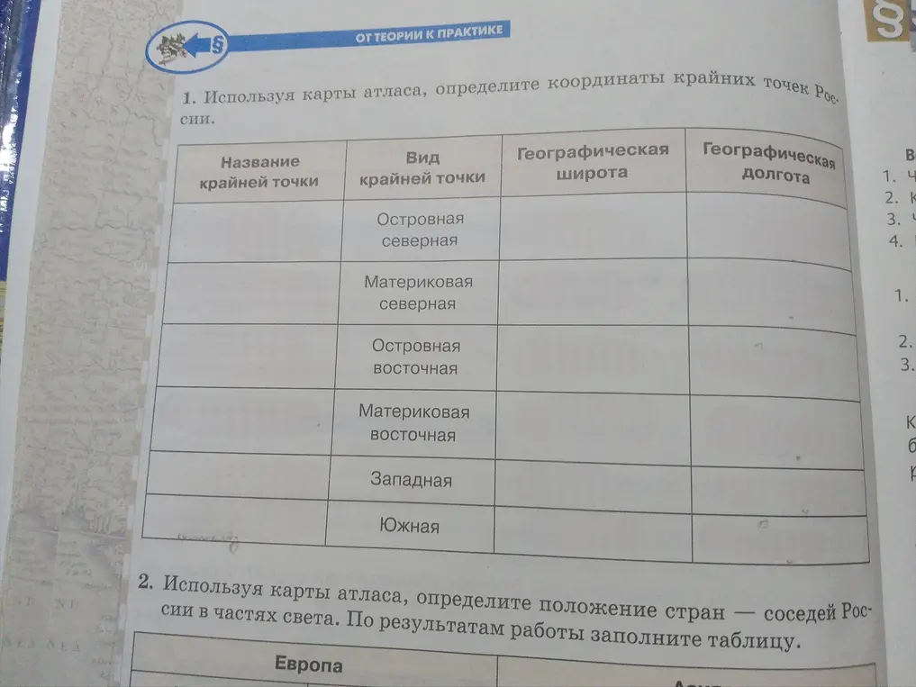 Можешь ли ты помочь мне заполнить таблицу с координатами крайних точек России?