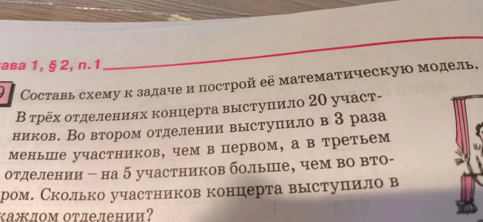 Составь схему к задаче и построй её математическую модель: в трёх отделениях концерта выступило 20 участников, во втором отделении выступило в 3 раза меньше участников, чем в первом, а в третьем отделении — на 5 участников больше, чем во втором. Сколько участников концерта выступило в каждом отделении?