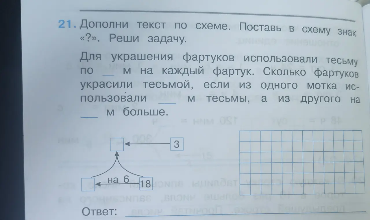 Помоги решить задачу: дополни текст по схеме, поставь знак вопроса и реши задачу.