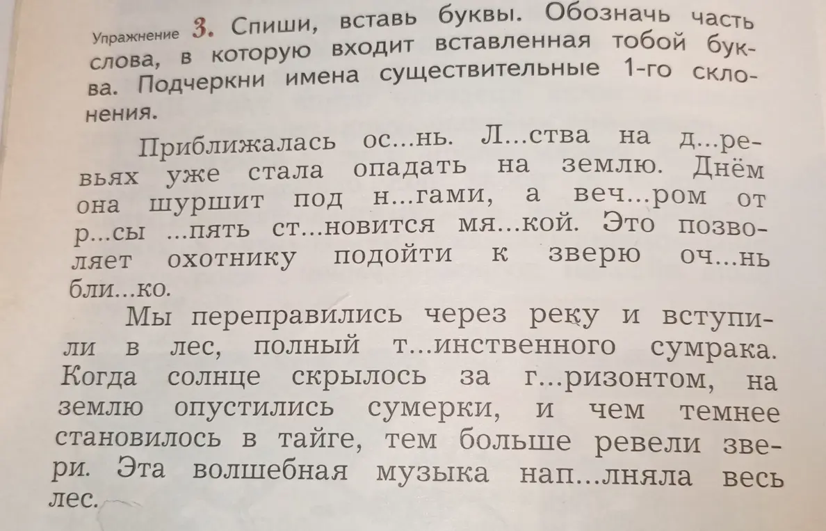 Выполни упражнение: спиши, вставь буквы и подчеркни имена существительные 1-го склонения.