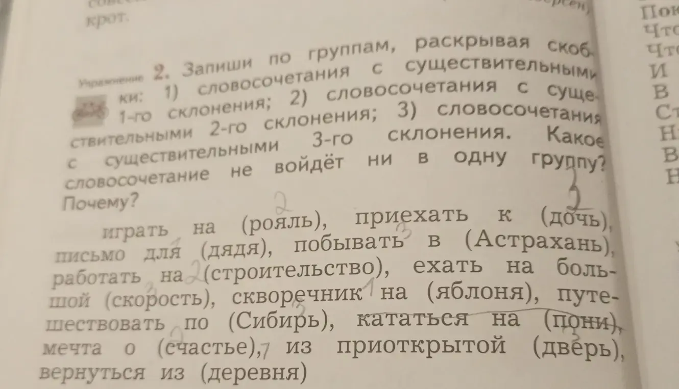 Запиши словосочетания по группам: 1) словосочетания с существительными 1-го склонения