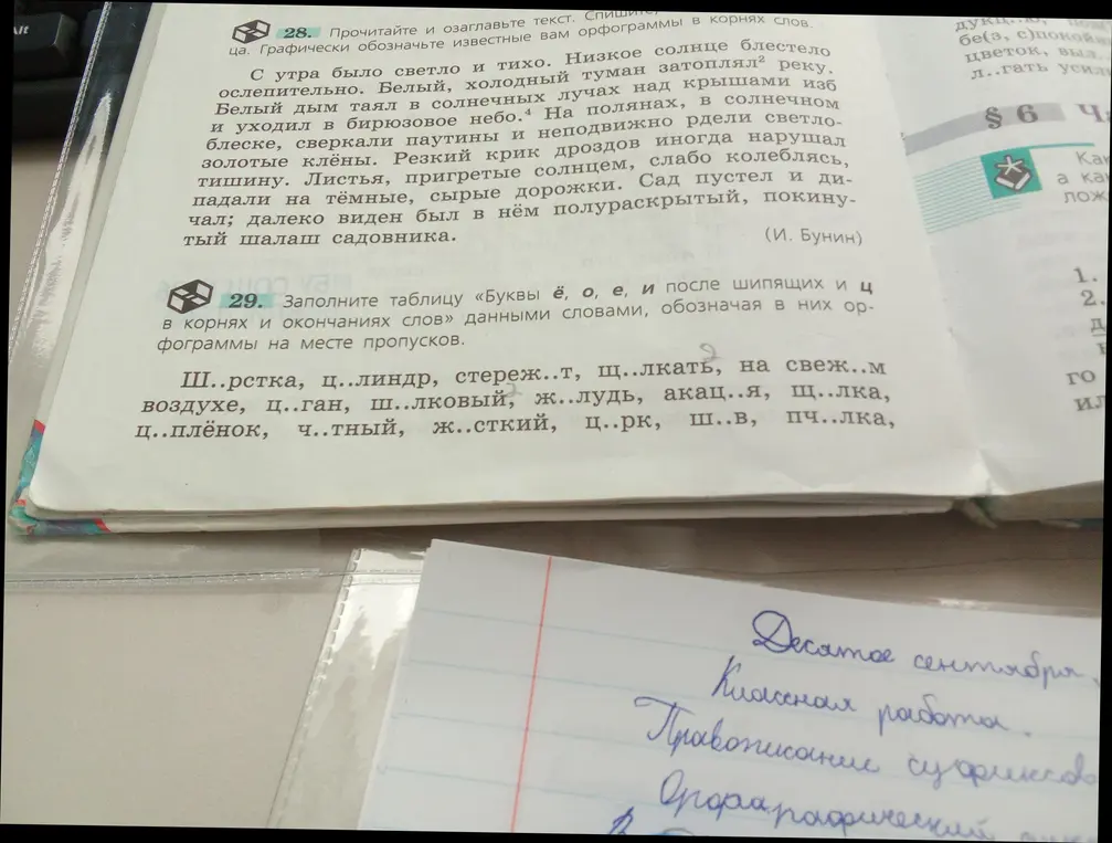 Выполни задание: заполни таблицу «Буквы ё, о, е, и после шипящих и ц в корнях и окончаниях слов» данными словами, обозначая в них орфограммы на месте пропусков.