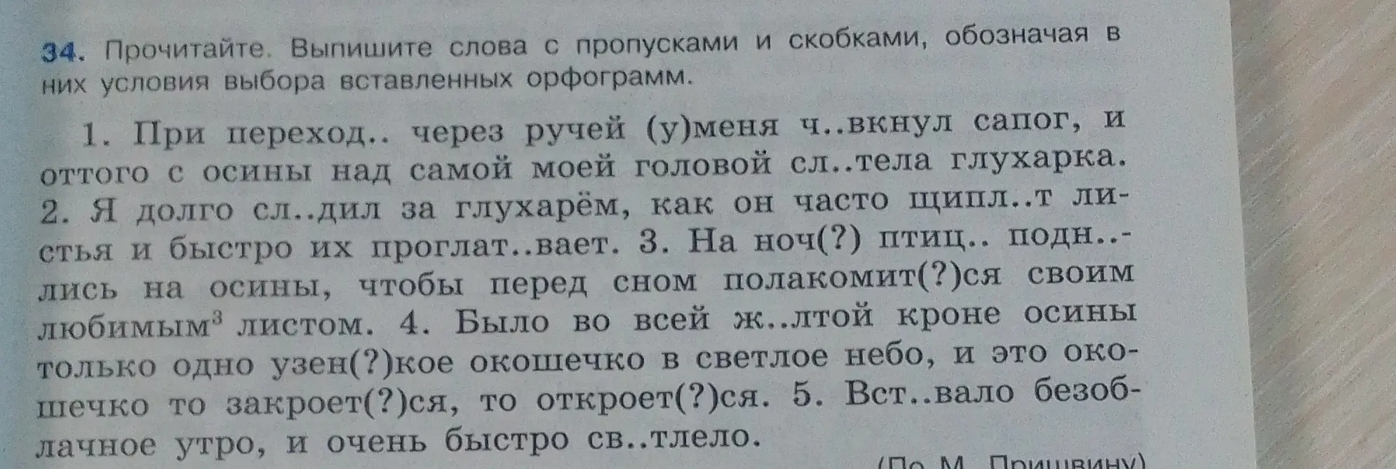 Предлагаешь выписать слова с пропусками и скобками из текста и объяснить условия выбора вставленных орфограмм.